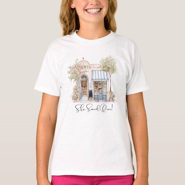 Elegant akvarell Hon sa Oui rosa blommor Brida T Shirt (Framsida)