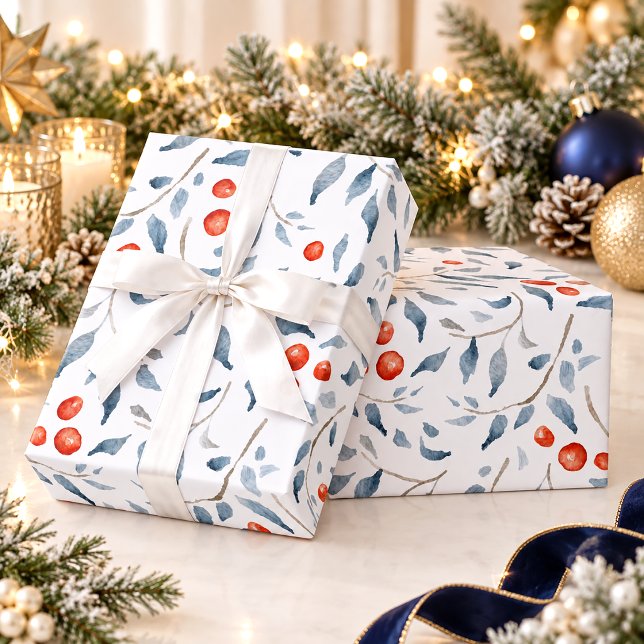 Elegant akvarell-julgran röda bär jul presentpapper (Skapare uppladdad)
