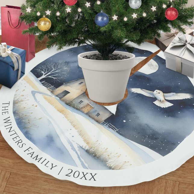 Elegant akvarell ladorre snöscen jul julgransmatta borstad polyester (A personalized Christmas tree skirt, with picture of a barn owl on a snowy winter night)