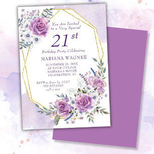 Elegant akvarell lila blommig 21-årsdag inbjudningar