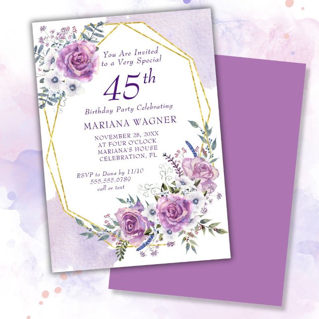 Elegant akvarell lila blommig 45-årsdag inbjudningar (Skapare uppladdad)