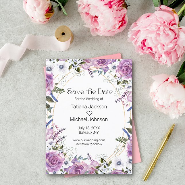 elegant akvarell lila blommig spara datum  meddelande vykort (Skapare uppladdad)
