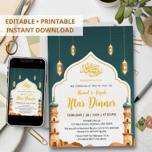 Elegant akvarell Moské Minareter Iftar Middag Inbjudningar