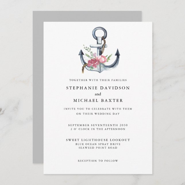 Elegant akvarell nautiskt ankare grönska inbjudningar (Fram/baksida)