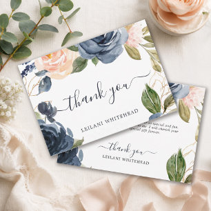 Elegant akvarell Navy & Peach Blommig Bebis Shower Tack Kort