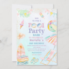 Elegant Akvarell Poolparty 3-års födelsedag Fli Inbjudningar