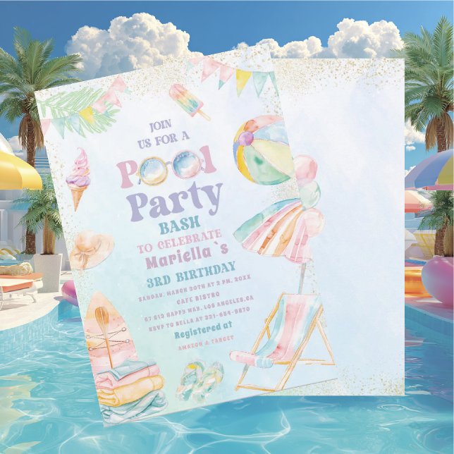 Elegant  Akvarell Poolparty  3-års födelsedag  Fli Inbjudningar (Skapare uppladdad)