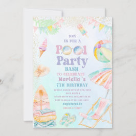 Elegant Akvarell Poolparty 7-års Flicka Inbjudningar