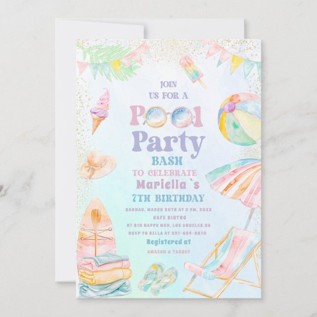 Elegant  Akvarell Poolparty  7-års  Flicka Inbjudningar (Framsida)