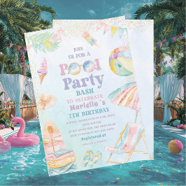 Elegant Akvarell Poolparty 7-års Flicka Inbjudningar