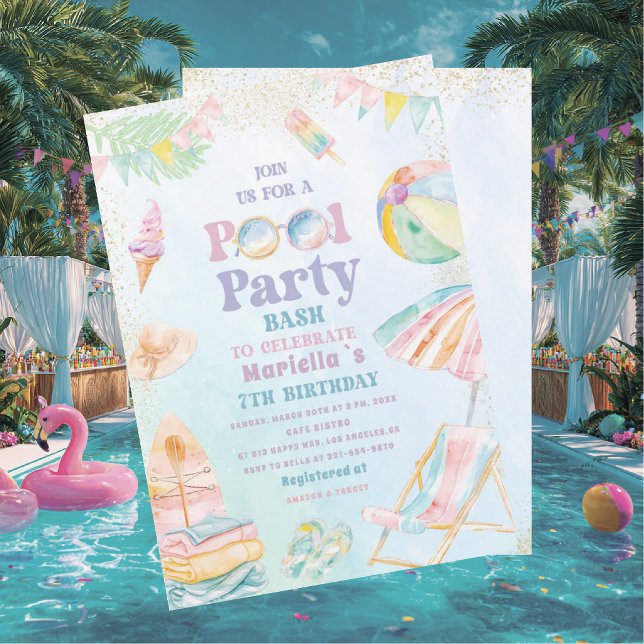 Elegant  Akvarell Poolparty  7-års  Flicka Inbjudningar (Skapare uppladdad)