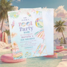 Elegant Akvarell Poolparty 8-års Flicka Inbjudningar