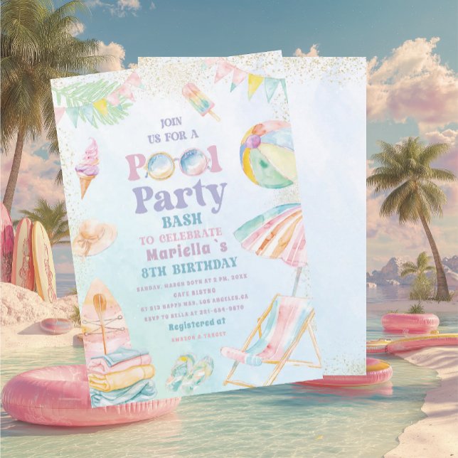 Elegant  Akvarell Poolparty  8-års  Flicka Inbjudningar (Skapare uppladdad)