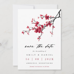 Elegant akvarell röd körsbärsblom wedding spara datumet
