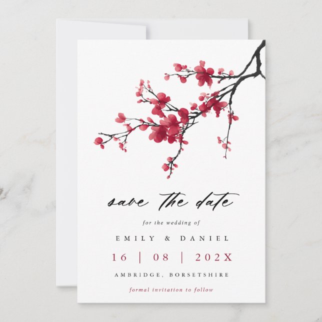 Elegant akvarell röd körsbärsblom wedding spara datumet (Framsida)