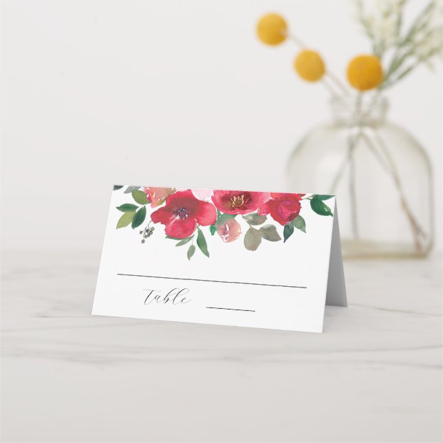 Elegant akvarell Röd ros Blommig Bröllop Placeringskort (Framsida)