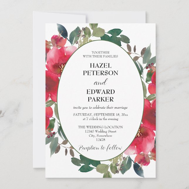 Elegant akvarell röd ros blomsterbröllop inbjudningar (Framsida)