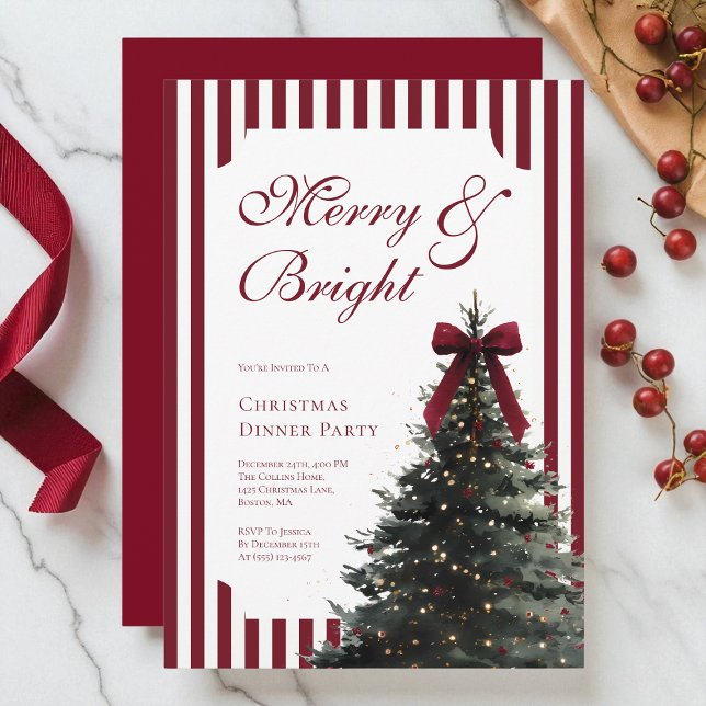 Elegant akvarell röd slinga jul middag fest inbjudningar (Elegant Watercolor Red Bow Christmas Dinner Party Invitation)
