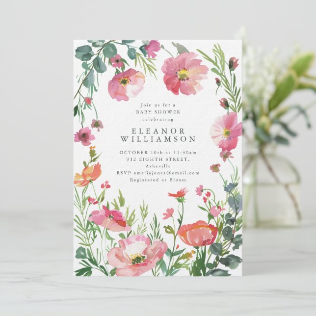 Elegant akvarell Rosa Blommig Bebis Shower Inbjudningar (Stående Fram)
