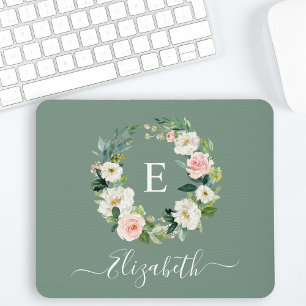 Elegant akvarell rosa blomster- sagegrön monogram musmatta