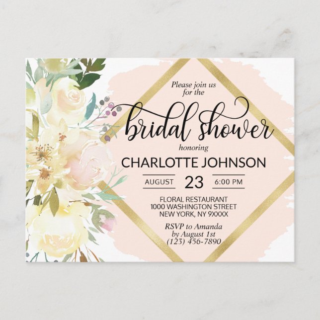 Elegant akvarell rosa blomsterbröllopsdusch vykort (Framsida)