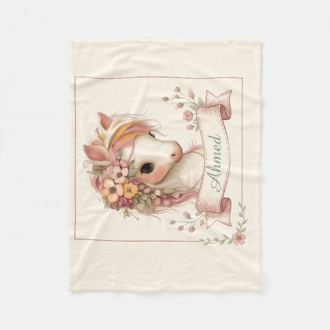 Elegant akvarell rosa blomsterponnyillustration fleecefilt (Framsidan)