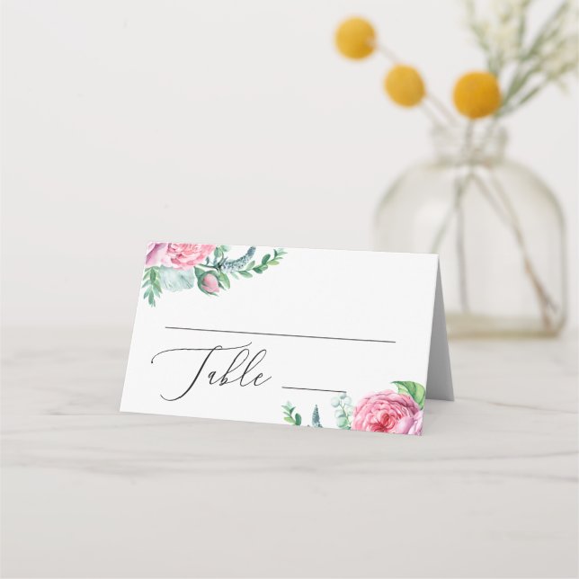Elegant akvarell rosa boho blomster trädgård bröll placeringskort (Framsida)