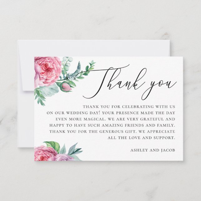 Elegant akvarell rosa boho blomsterlig script bröl tack kort (Framsida)
