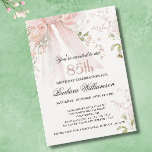 Elegant akvarell Rosa Bow Floral 85-årsdag Inbjudningar