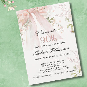 Elegant akvarell Rosa Bow Floral 90-årsdag Inbjudningar
