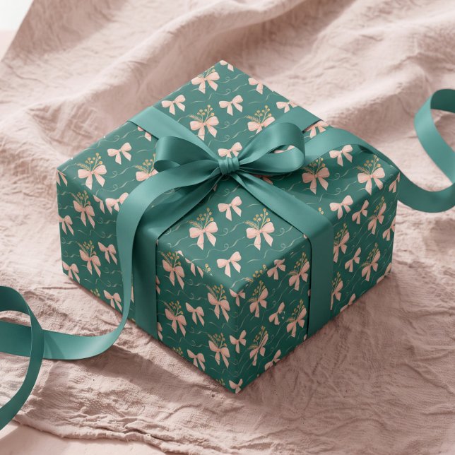 Elegant akvarell rosa & grön slinga jul presentpapper (Elegant Watercolor Pink & Green Bow Christmas Wrapping Paper)