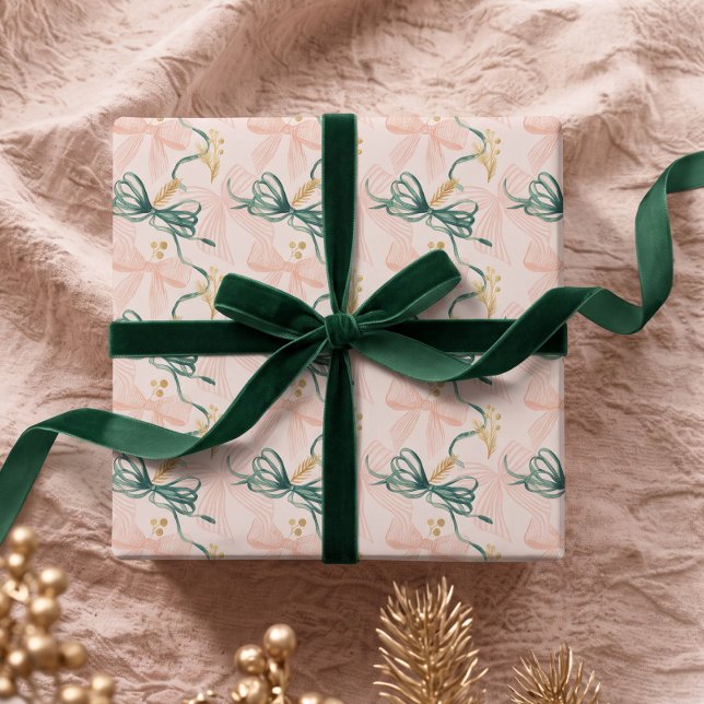 Elegant akvarell rosa & grön slinga julpapper (Elegant Watercolor Pink & Green Bow Christmas Wrap Wrapping Paper)