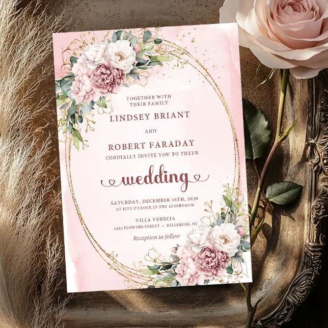 Elegant akvarell Rosa Guld Blush Blommor Bröllop Inbjudningar (Graceful Watercolor Rose Gold Blush Flowers Wedding Invitation

)
