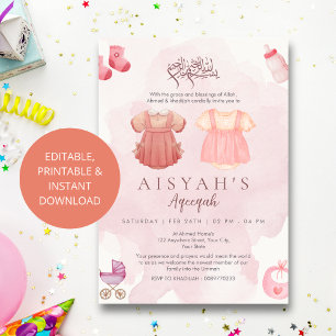 Elegant akvarell rosa islamisk Aqiqah för babyflic Inbjudningar