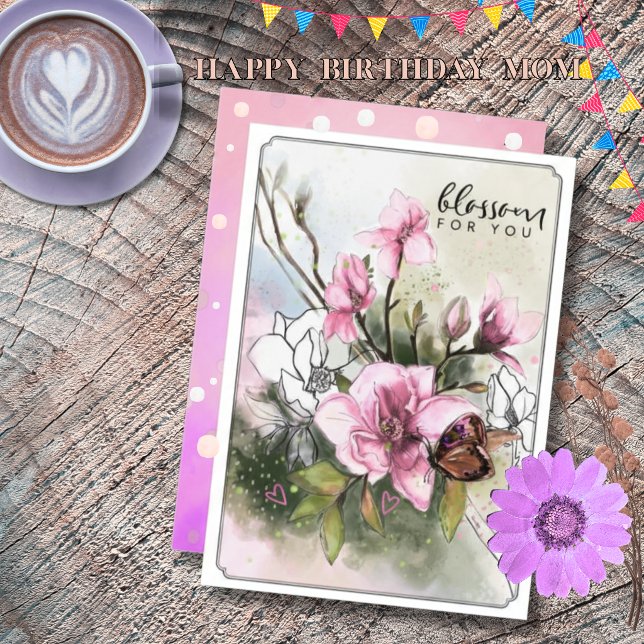 Elegant akvarell rosa magnolia födelsedagskort til julkort (Elegant Watercolor Pink Magnolia Birthday Mom Card)