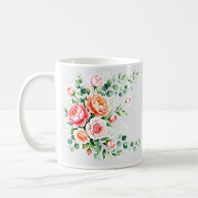 Elegant akvarell rosa peony och persikans ros Flor Kaffemugg (Vänster)