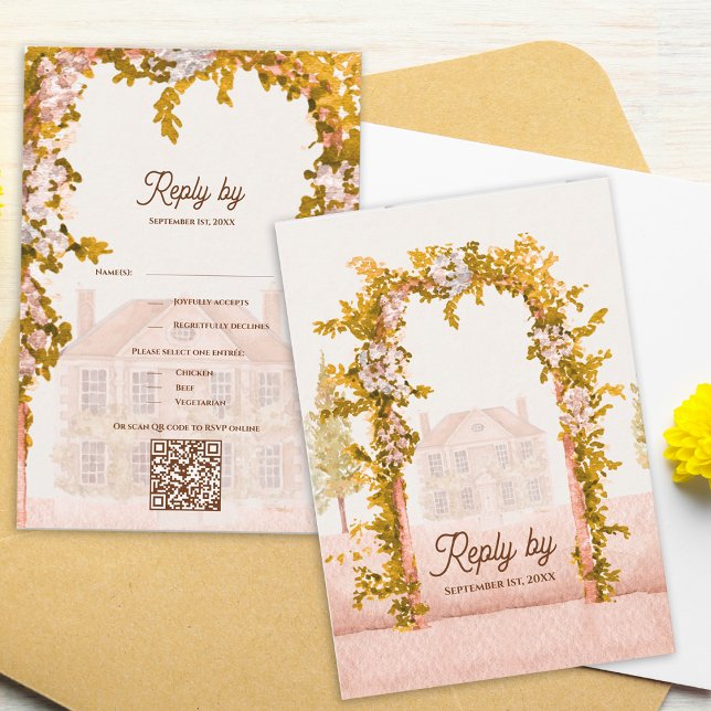 Elegant akvarell Rustik trädgårdsbåge Bröllop RSVP OSA Kort (Elegant Watercolor Garden Arch Wedding RSVP Card Rustic Countryside Floral Response Card)