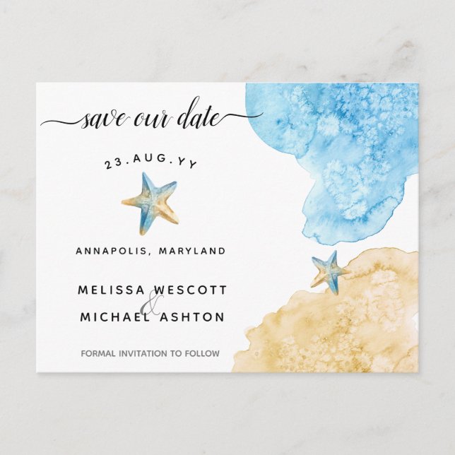 Elegant akvarell sjöstjärna kustlig Spara vårt dat Meddelande Vykort (Framsida)