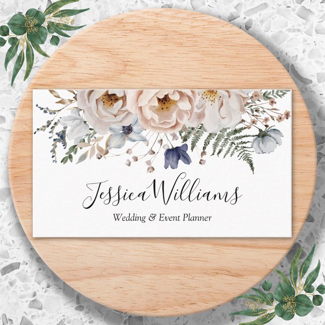 Elegant akvarell snygg beige blå blommig visitkort (In situ)