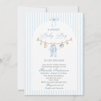 Elegant akvarell söt baby boy kläder Baby Sh Inbjudningar