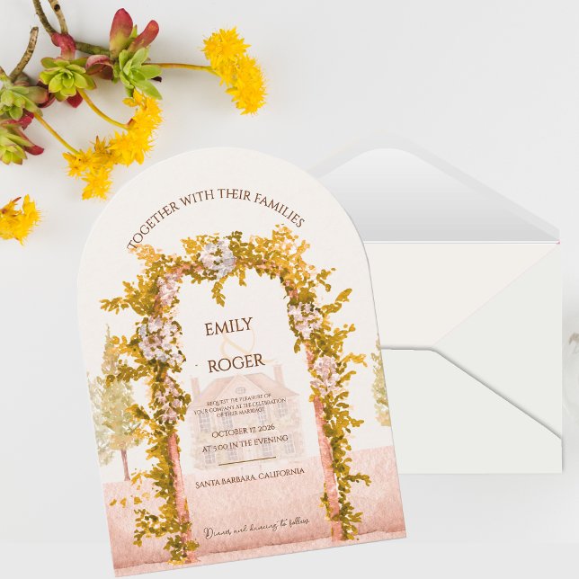 Elegant akvarell trädgårdsbåge landsbygd bröllop inbjudningar (Elegant Watercolor Garden Arch Wedding Invitation Rustic Countryside Floral Wedding Invite)