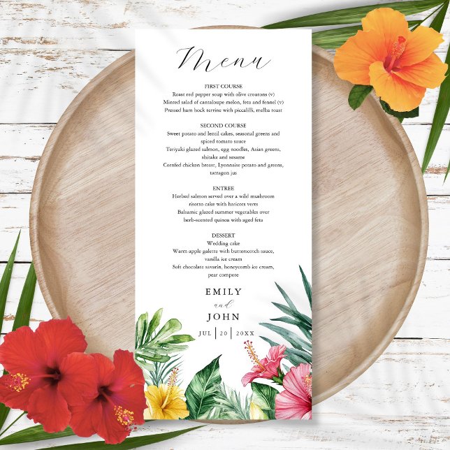 Elegant akvarell Tropiska blommor Bröllop Meny (Elegant Watercolor Tropical Flowers Wedding Menu)