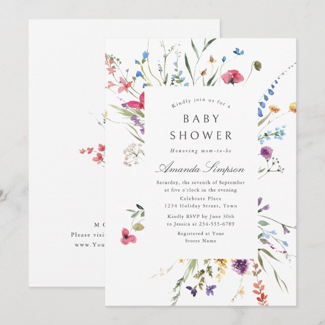 Elegant akvarell vilda blommor baby shower inbjudningar (Fram/baksida)