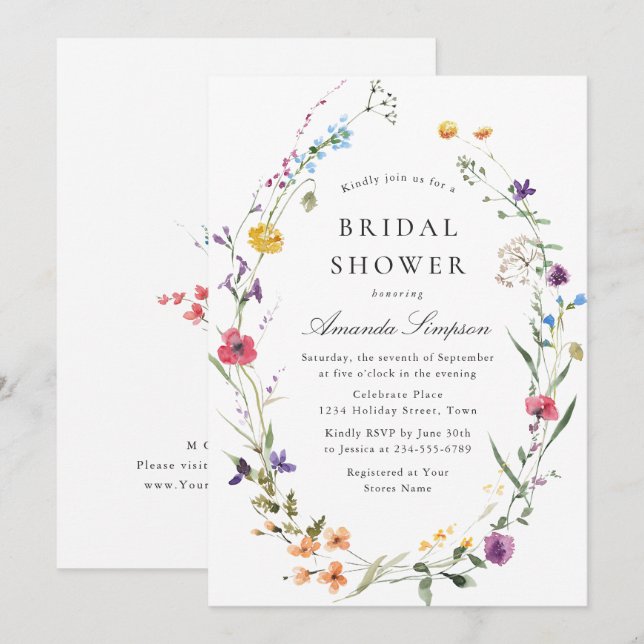 Elegant akvarell vilda blommor bröllopsdusch inbjudningar (Fram/baksida)