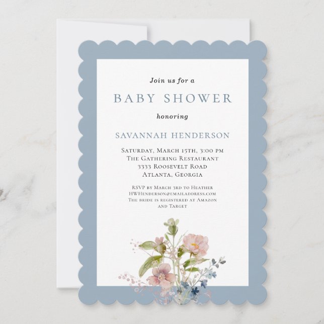 Elegant akvarell vildblomma blå baby shower inbjudningar (Framsida)