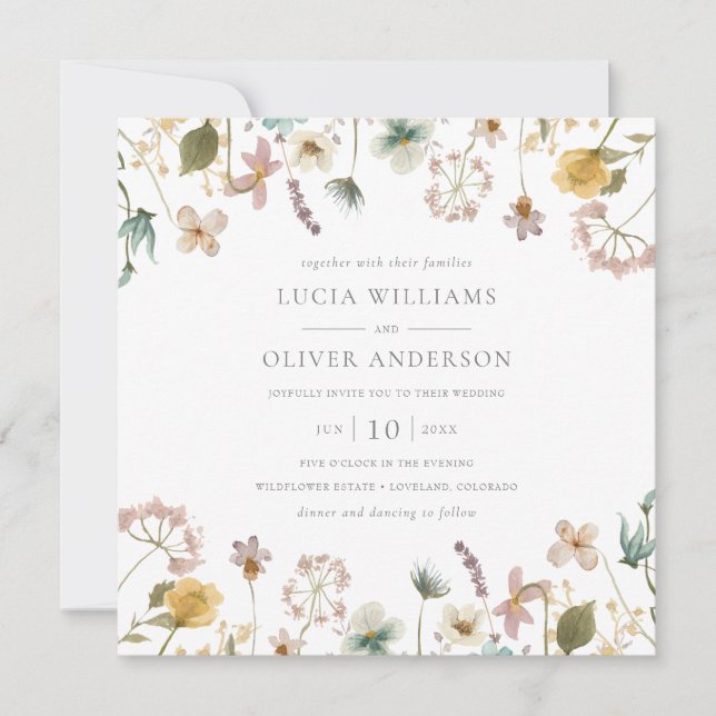 Elegant akvarell vildblomma fyrkantig bröllopsinbj inbjudningar (Framsida)