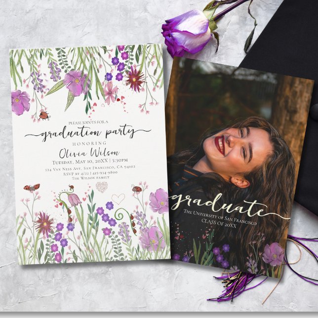 Elegant akvarell vildblommor examensfest  inbjudningar (Elegant Watercolor Wildflowers Graduation Party Invitation)