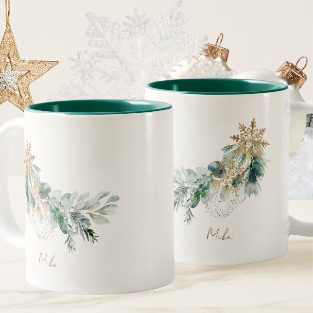 Elegant akvarell vinter grön lövverk jul Två-Tonad mugg (Skapare uppladdad)