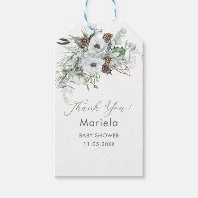 Elegant akvarell vinteranemoner blommor baby showe presentetikett (Framsidan)