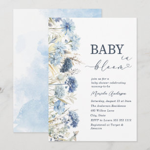 Elegant akvarellbaby i blommande blå blommor   B Inbjudningar